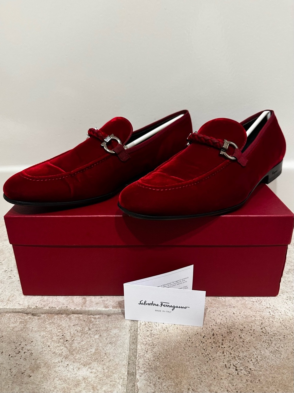 Salvatore Ferragamo Lord 2 Men's Red Velvet Bit Loafers 10.5